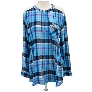 NWT Vintage American Top Blouse Shirts Plaid Blue Roll Sleeve Size XL